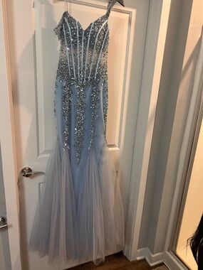 Embellished Cloud Blue Tulle Mermaid Gown